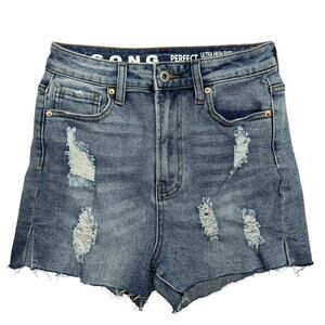 Ultra High Rise Distressed Denim Cutoff Shorts 28 | Y2K Raw Hem Festival Denim